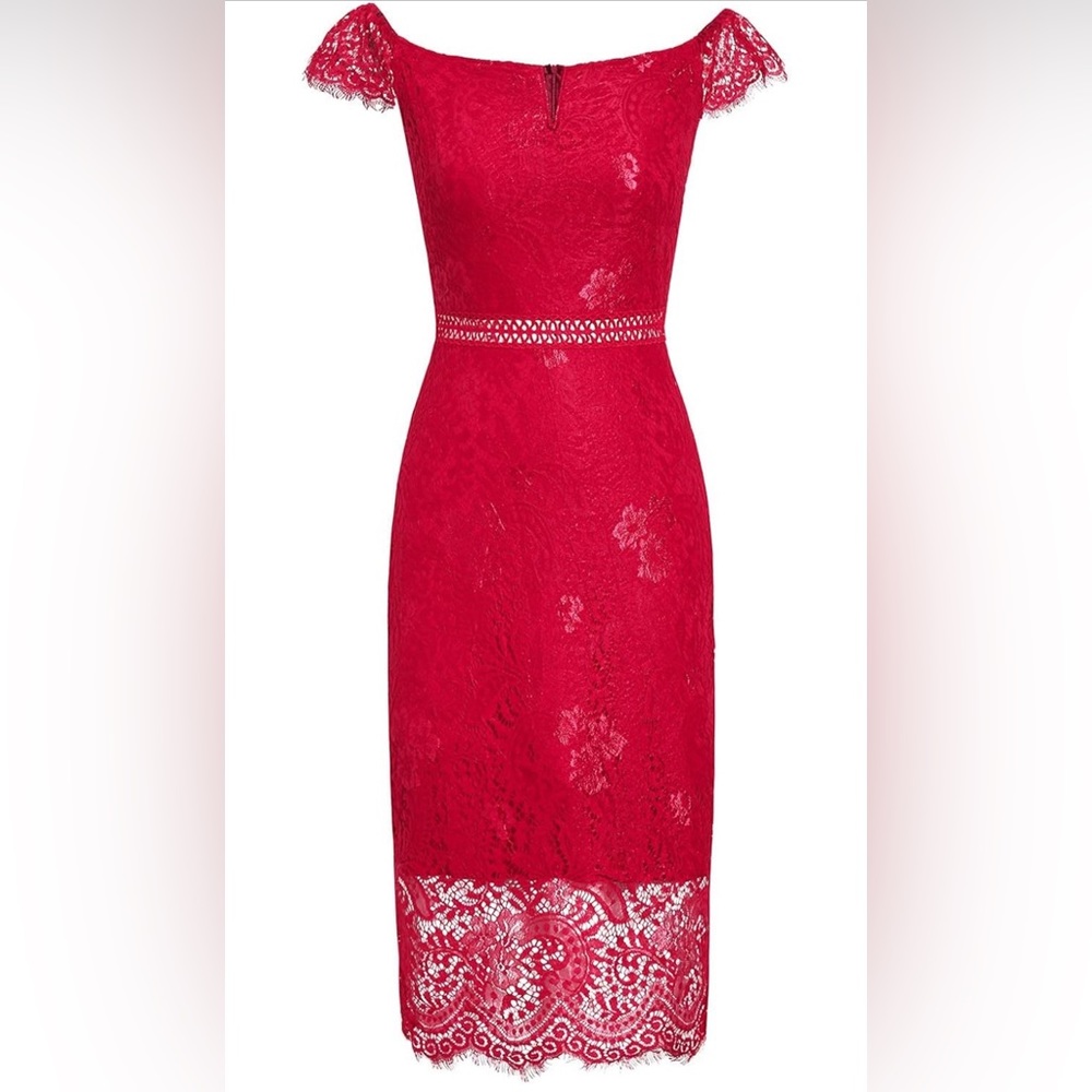 ALLANDWELL Womens Red Floral Lace Short Sleeve Knee Length Bodycon Dress Size XL